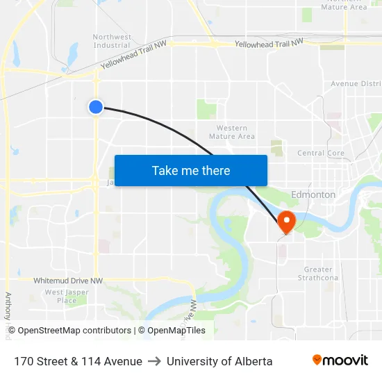 170 Street & 114 Avenue to University of Alberta map