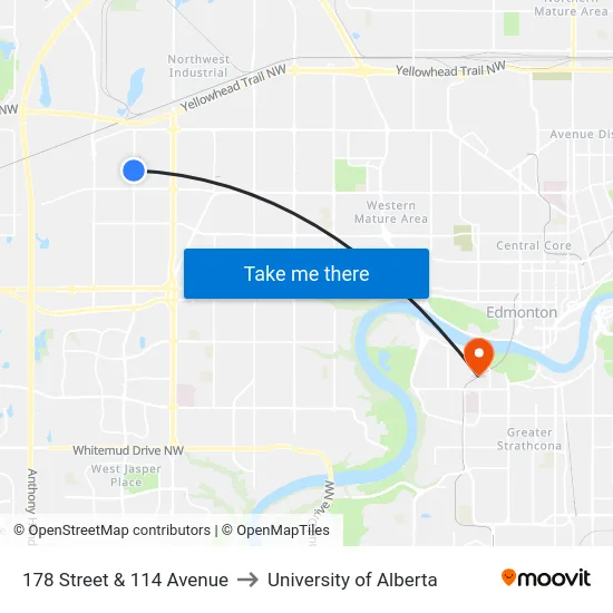 178 Street & 114 Avenue to University of Alberta map