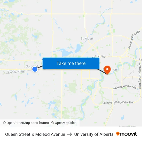 Queen Street & Mcleod Avenue to University of Alberta map