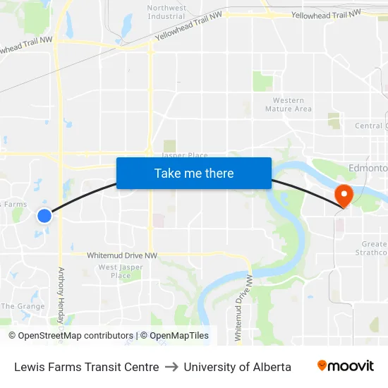 Lewis Farms Transit Centre to University of Alberta map