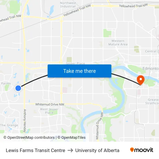 Lewis Farms Transit Centre to University of Alberta map