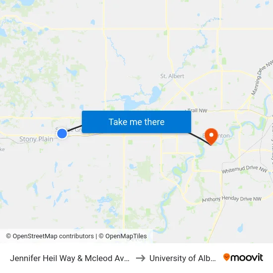 Jennifer Heil Way & Mcleod Avenue to University of Alberta map