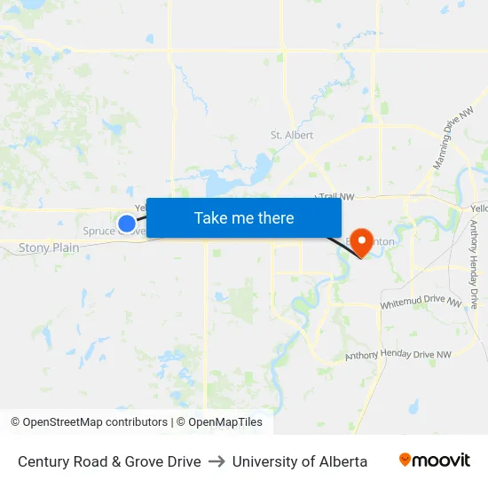 Century Road & Grove Drive to University of Alberta map