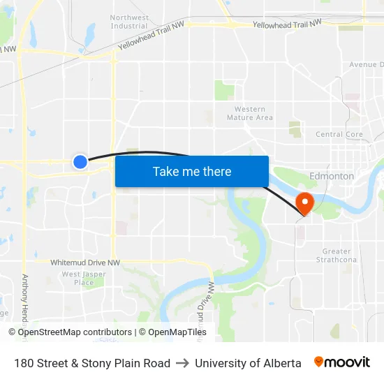 180 Street & Stony Plain Road to University of Alberta map