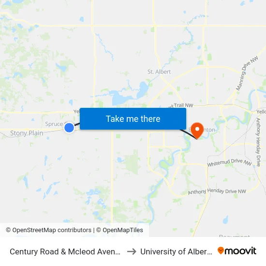 Century Road & Mcleod Avenue to University of Alberta map