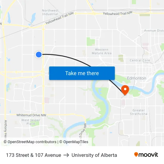173 Street & 107 Avenue to University of Alberta map