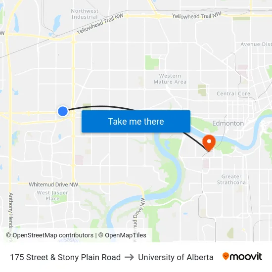 175 Street & Stony Plain Road to University of Alberta map