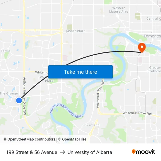 199 Street & 56 Avenue to University of Alberta map