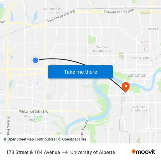 178 Street & 104 Avenue to University of Alberta map