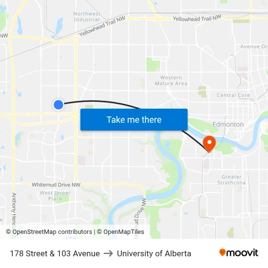 178 Street & 103 Avenue to University of Alberta map