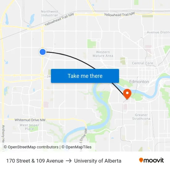 170 Street & 109 Avenue to University of Alberta map