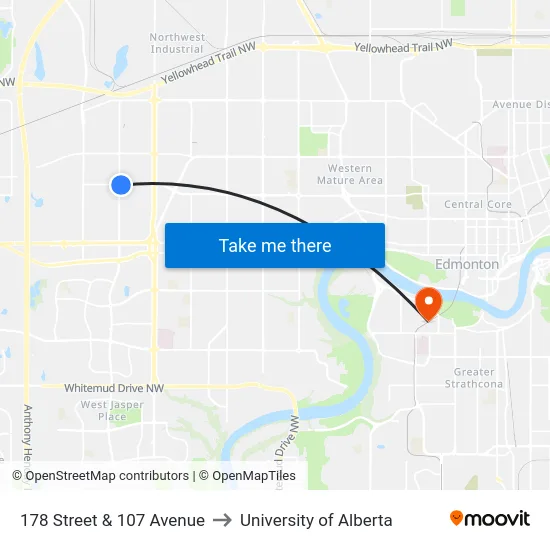 178 Street & 107 Avenue to University of Alberta map