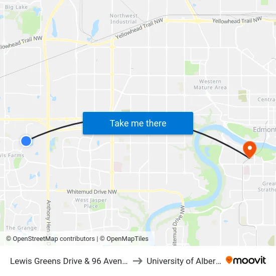 Lewis Greens Drive & 96 Avenue to University of Alberta map