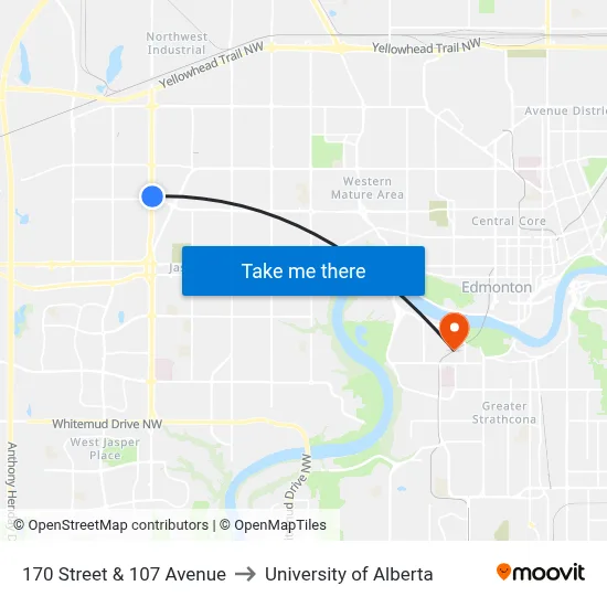 170 Street & 107 Avenue to University of Alberta map