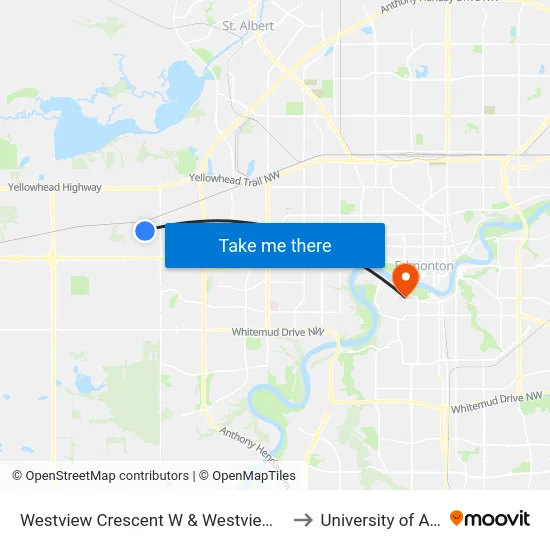 Westview Crescent W & Westview Boulevard to University of Alberta map