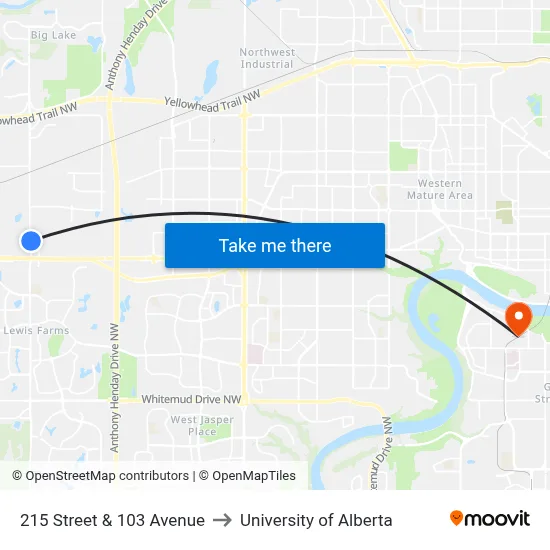 215 Street & 103 Avenue to University of Alberta map