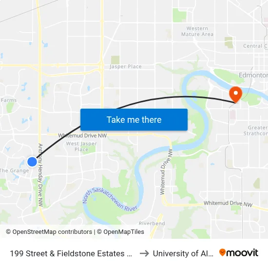 199 Street & Fieldstone Estates Driveway to University of Alberta map