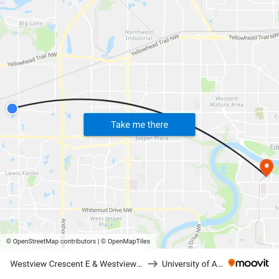 Westview Crescent E & Westview Boulevard to University of Alberta map
