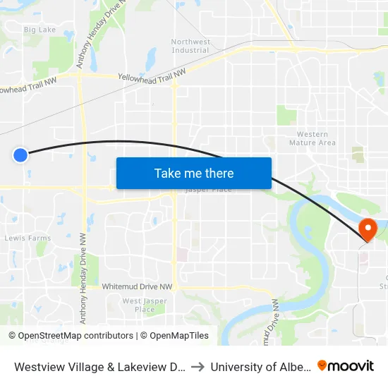 Westview Village & Lakeview Drive to University of Alberta map