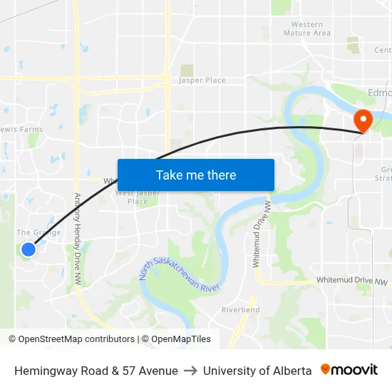 Hemingway Road & 57 Avenue to University of Alberta map
