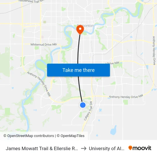 James Mowatt Trail & Ellerslie Road SW to University of Alberta map