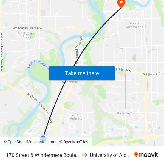 170 Street & Windermere Boulevard to University of Alberta map