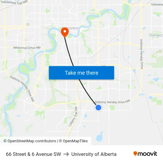66 Street & 6 Avenue SW to University of Alberta map