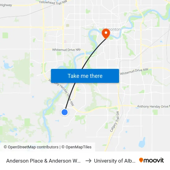 Anderson Place & Anderson Way SW to University of Alberta map