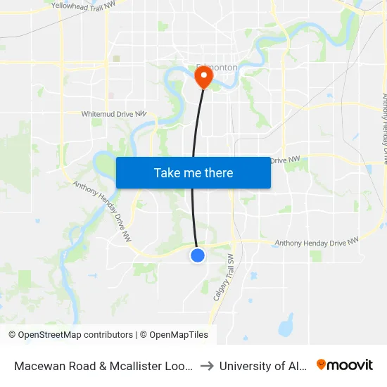 Macewan Road & Mcallister Loop W SW to University of Alberta map