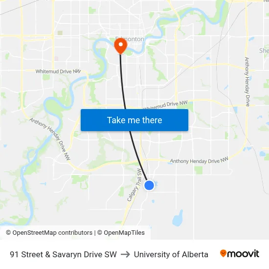 91 Street & Savaryn Drive SW to University of Alberta map