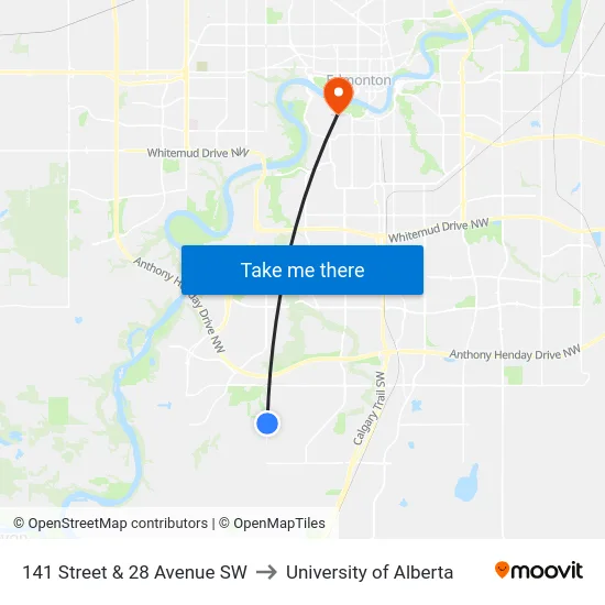 141 Street & 28 Avenue SW to University of Alberta map