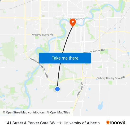 141 Street & Parker Gate SW to University of Alberta map