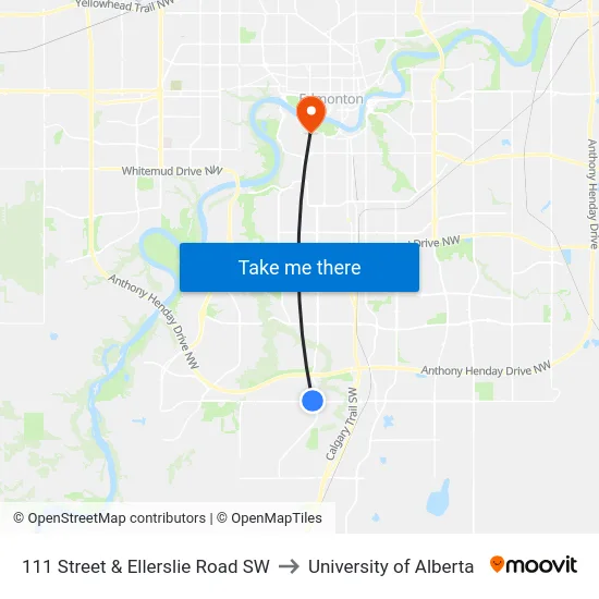 111 Street & Ellerslie Road SW to University of Alberta map