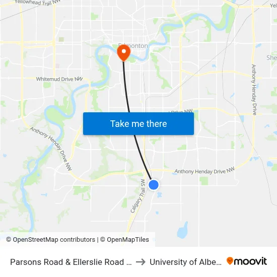 Parsons Road & Ellerslie Road SW to University of Alberta map