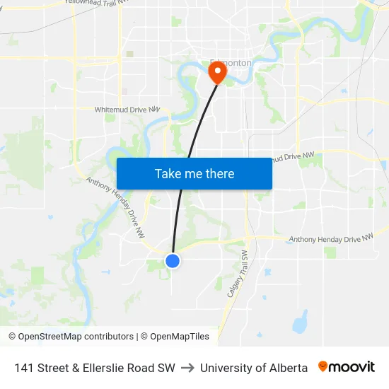 141 Street & Ellerslie Road SW to University of Alberta map