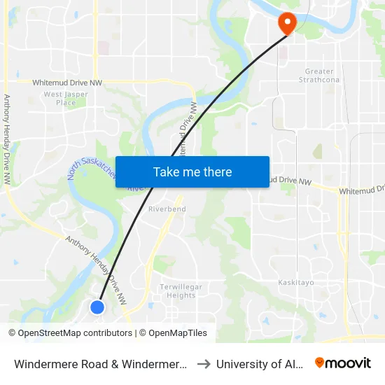 Windermere Road & Windermere Wynd to University of Alberta map