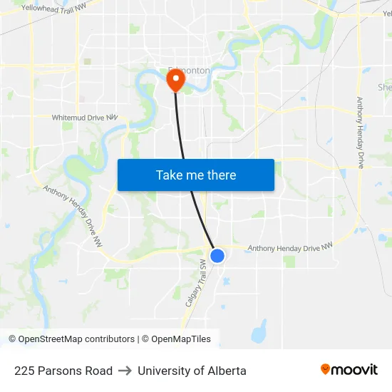 225 Parsons Road to University of Alberta map