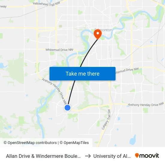 Allan Drive & Windermere Boulevard SW to University of Alberta map