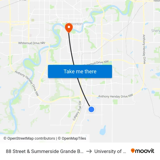 88 Street & Summerside Grande Boulevard SW to University of Alberta map