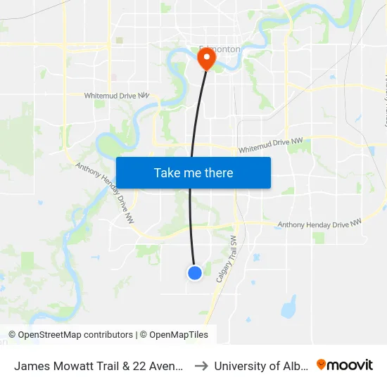 James Mowatt Trail & 22 Avenue SW to University of Alberta map