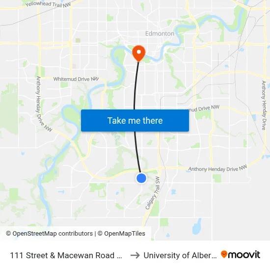 111 Street & Macewan Road SW to University of Alberta map