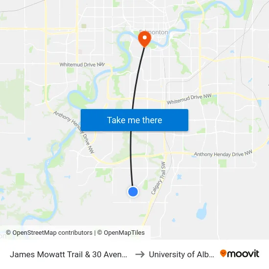 James Mowatt Trail & 30 Avenue SW to University of Alberta map