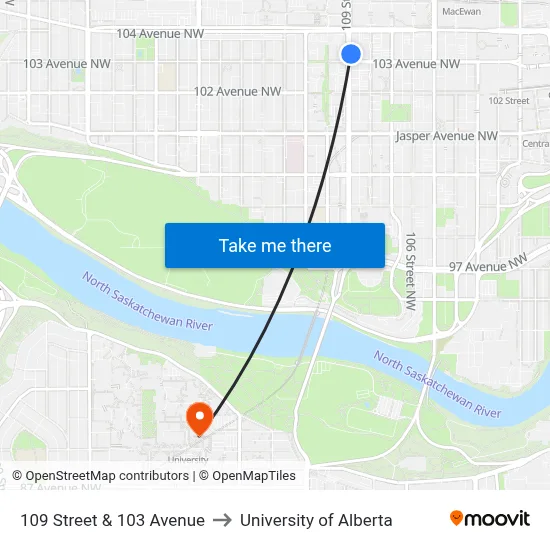 109 Street & 103 Avenue to University of Alberta map