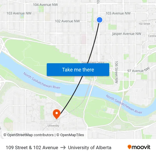 109 Street & 102 Avenue to University of Alberta map