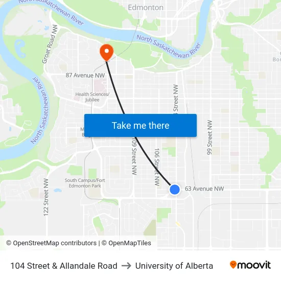 104 Street & Allandale Road to University of Alberta map
