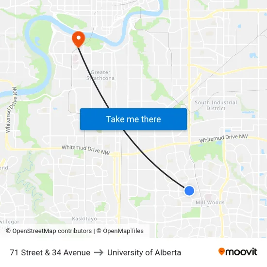 71 Street & 34 Avenue to University of Alberta map