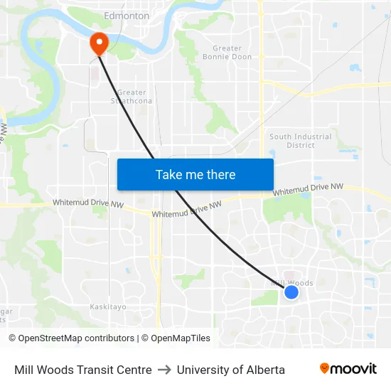 Mill Woods Transit Centre to University of Alberta map