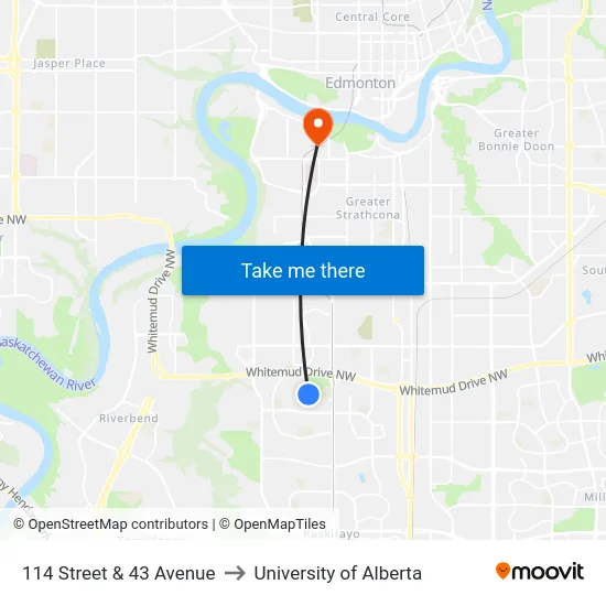 114 Street & 43 Avenue to University of Alberta map