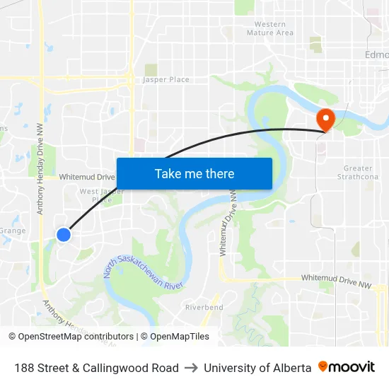 188 Street & Callingwood Road to University of Alberta map