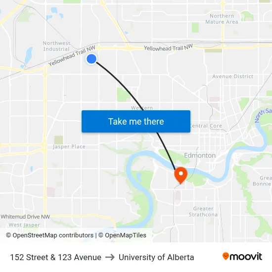 152 Street & 123 Avenue to University of Alberta map